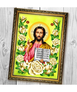 Схема вишивки бісером (нитками) «Ісус Христос Вседержитель» в трояндах (A680) Схема вишивки бісером (нитками) «Ісус Христос Вседержитель» в трояндах (A680)